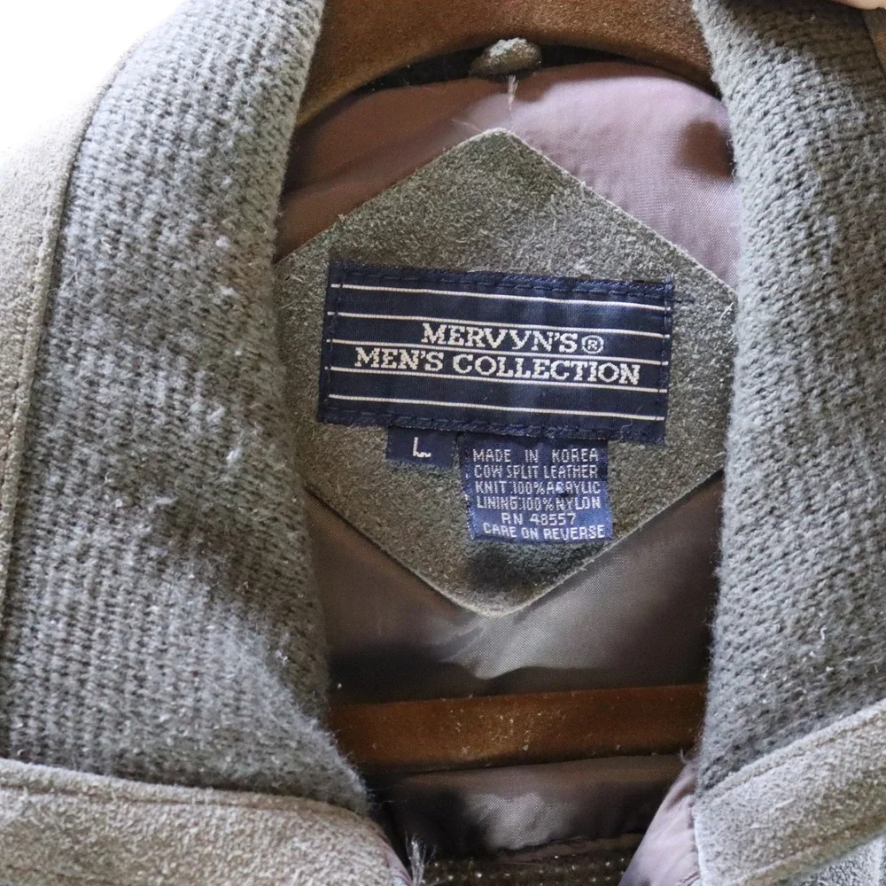 Mervyns Leather Bomber Jacket Large Grey‎ Mens Knit Sleeve Vintage
